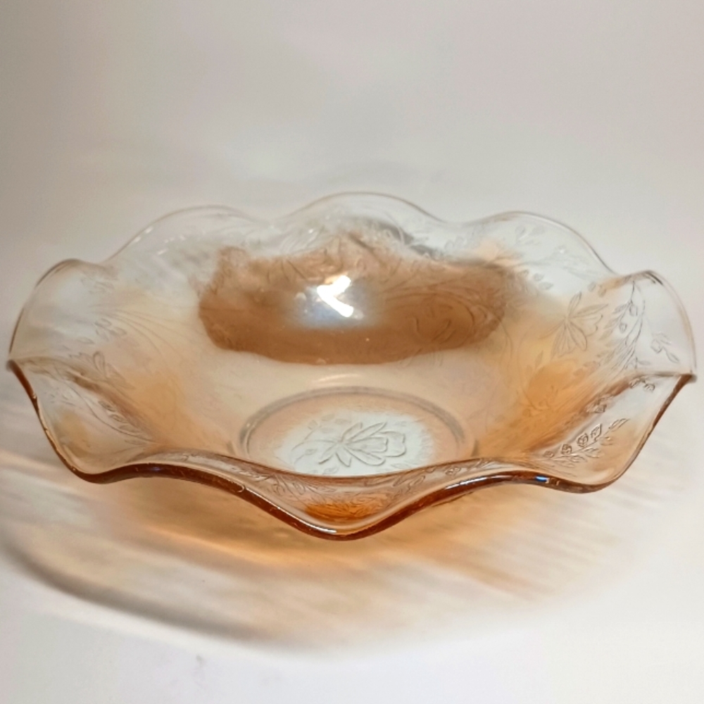 Vintage Depression Yellow, Gold Iridescent Glass Bowl Ruffled Edge Floral Design